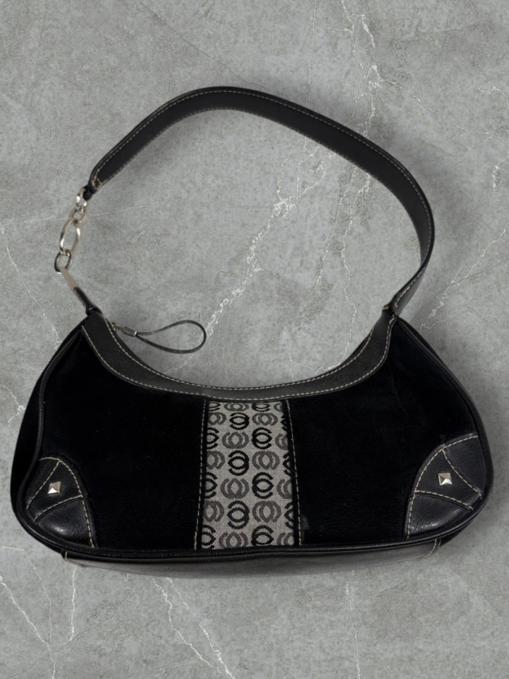 Vintage Y2K Micro Shoulder Bag Black Suede Silver Stud Details Small Purse